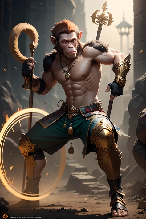 masterpiece, best quality, photorealistic, warrior monkey, epic wukong, action pose, dynamic stance, gold, jewelry, magic circle, male_focus, staff, by artgerm, high octane render,