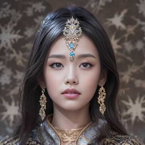 32k（tmasterpiece，k hd，hyper HD，32k）Long flowing black hair，Jewelry quarter in the back room，Brunette king girl ，Silver Dragon Protector （realisticlying：1.4），Python pattern robe，Purple-pink tiara，Snowflakes fluttering，The background is pure，Hold your head h...