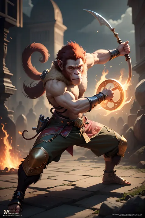 masterpiece, best quality, photorealistic, warrior monkey, epic wukong, action pose, dynamic stance, gold, jewelry, magic circle, male_focus, staff, by artgerm, high octane render,