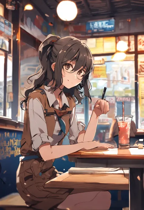 Anime girl sitting at table with drink and notepad, mysterious coffee shop girl, makoto shinkai art style, anime moe art style, Shinkai Makoto style, marin kitagawa fanart, (Anime Girl), ( woman samurai ) girl, with glasses, Kantai Collection Style, cute s...