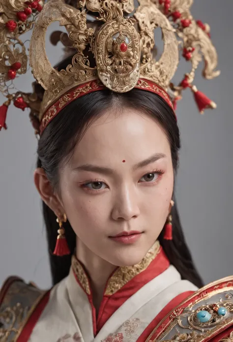 Feng Shen List，tmasterpiece，ultra fine photos，，best qualtiy，超高分辨率，Photoreality，Chiaroscuro，full-body portraits，stunningly beautiful，dynamicposes，delicated face，Bigchest，Murderous eyes，（seen from the side），She wears ancient Chinese armor，very highly detaile...