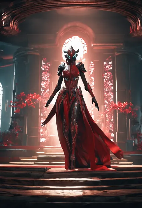 There is a woman in a red dress with a sword in her hands, of a beautiful female warframe, WARFRAME, red magic surrounds her, Warframe Destiny, Detailed warframe, beautiful warframe Saryn, Screenshot of the 2020 video game, pc screenshot, Gameplay screensh...