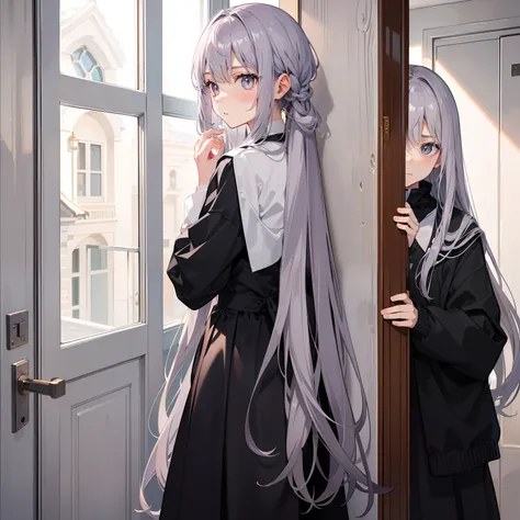 grey long hair，Light lilac eyes，Thin hair curtain，Carry your hands behind your back，Stand at the school gate，An unfathomable expression on his face，