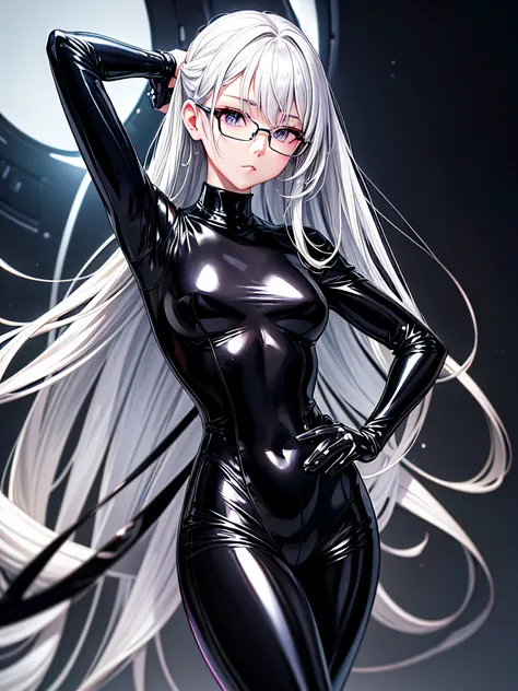 5 8K UHD、Beauty with small nose with silver hair in black shiny black full body rider suit wearing glasses stands with crotch wide open、Wearing a shiny black latex slider suit with upper body up and hidden skin、Shiny black latex slider suit