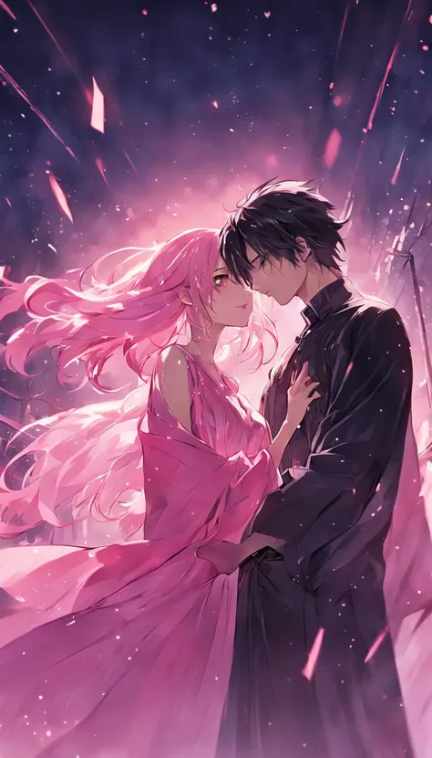 couple，Look at each other，Handsome men and beautiful women，Girls shawl long hair，Pink dress，Short black hair for boys，black shirt，night scene，Urban men and women，optic，The atmosphere is exquisite，Clear facial features，Detail optimization，Hand optimization