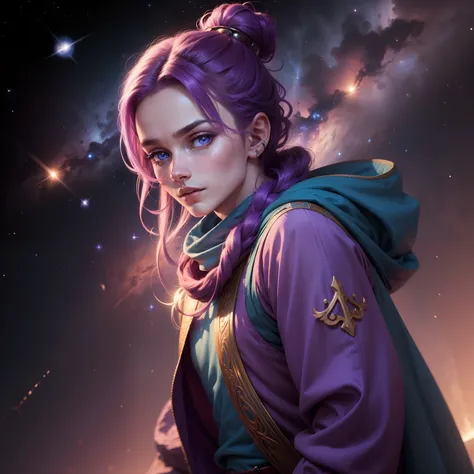 Very beautiful Nordic young alien with same aladdin outfit in violet red color in space