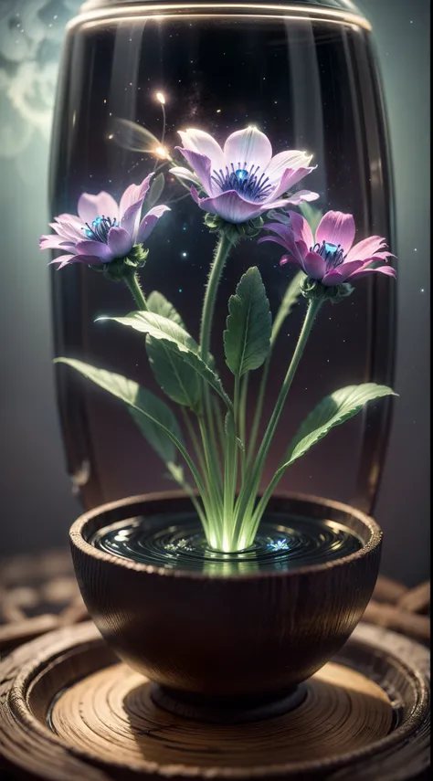 bioluminescence, flowers, night, sky