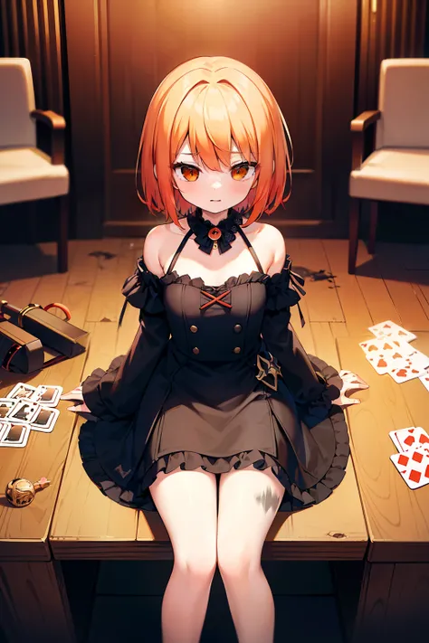 masterpiece, best quality, 1girl, solo, orange hair, short hair, shoulder-length hair, straight hair, orange eyes, round eyes, black dress, long sleeves, frilled, ((holding a trump card)), in the room, ((sitting on the chair)), (((with many trump cards on ...