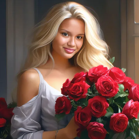 Blonde woman holding a bouquet of red roses in front of a window, menina loira bonita, airbrush digital oil painting, com flores, blonde girl, pintura de bonito, mulher loira, pintura digital bonita, lovely woman, pintura realista da menina bonito, Directe...