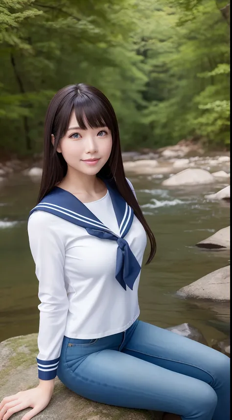 a pregirl，Thirty year old, ssmile, looking at viewert,Soaked sailors uniform,skintight jeans, photore, realisticlying, Best quality at best, employee, 详细的脸, Sit on a large rock in the middle of the forest, There is a river