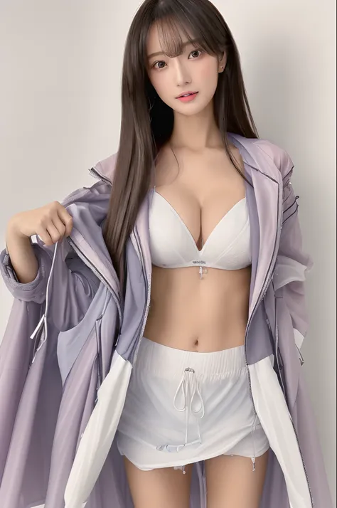 ((best qualtiy, 8K, tmasterpiece:1.3)), perfect figure beautiful woman, Protruding cleavage:1.1, (Perfect breasts:1.1), (wetclothes:1.2） , Bandeau:1.1, A detailed eye, 二重まぶた，Whiten the skin，long whitr hair