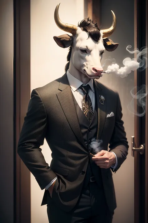 Anthropomorphic cattle, dressed in a suit, Smoking, lightroom, Cinematic, hdr, primitive, Intricate, High quality, soothing tones, Intricate details, Low contrast