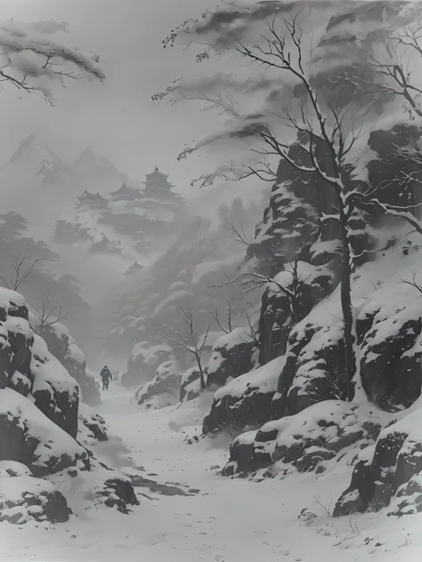 View of the snow-capped mountains of Aladid，Walk alone on the road, inspired by Ryōhei Koiso, inspired by Shen Shichong, inspired by Lu Zhi, inspired by Yeong-Hao Han, inspired by Huang Binhong, inspired by sung choi, inspired by Wen Zhengming, inspired by...