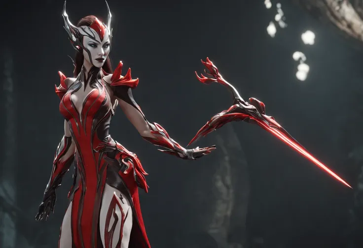 There is a woman in a red dress with a sword in her hands, of a beautiful female warframe, WARFRAME, red magic surrounds her, Warframe Destiny, Detailed warframe, beautiful warframe Saryn, Screenshot of the 2020 video game, pc screenshot, Gameplay screensh...