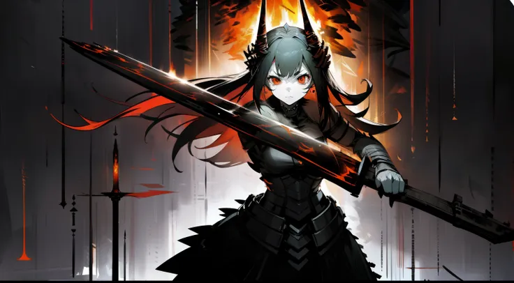 in this dark and fiery realm of the underworld, the "cavaleira do inferno," a fearsome female warrior, stands holding her sword ...