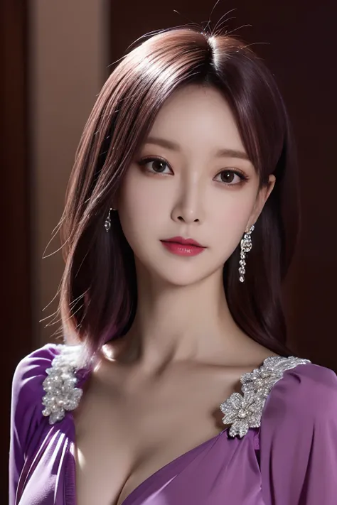 masutepiece, Best Quality, extremely detailed 8K, Ultra HD, Ultra-detailed, Highly detailed, ultra high realistic, Ultra-realistic, hyper realisitic, Hyper-Realism, Elegant woman with bust in purple shirt, in 8K, Best Quality