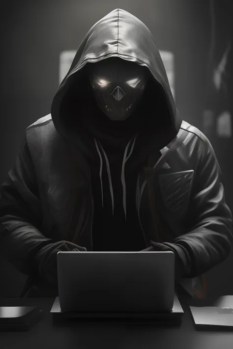 Hero with gray hood with a dark face and gray eyes thunder Design a character who is a little scary Hacker, Badass👑, fundo neon preto e cinza, Epic lighting, Photography Lighting, reflection mapping, ultra detalhado, fotorrealista, cinemactic, movie qualit...