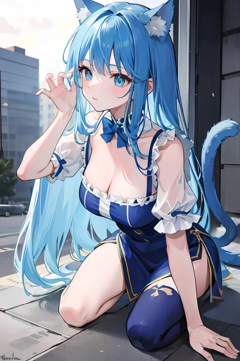 Blue hair，Women have long hair，Cat ears，mediuml breasts，There is a cat tail