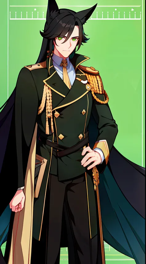 adult man, Long black hair, Fox ears, Green eyes, Black generals uniform, Masterpiece, hiquality