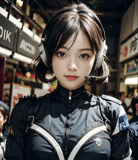 Highest image quality, outstanding details, ultra-high resolution, (realism: 1.4), ((face shot:1.5)), highly condensed 1girl, (perfect proportion, muscular:1.25, chubby:0.45), delicate and beautiful face, (wearing racing suit likes police uniform, black an...