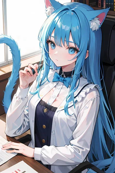 Blue hair，Women have long hair，Cat ears，mediuml breasts，There is a cat tail