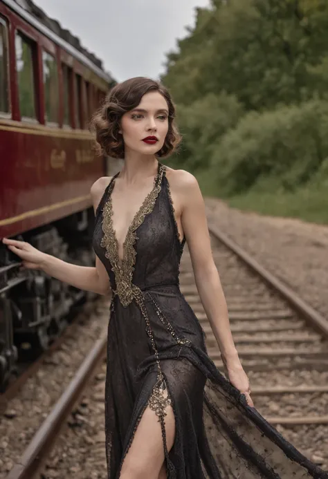 beautiful brunette woman, full body, medium long wavy hair with Californian highlights, dark eyes, perfect face,  40 years old, Vintage Train Station with Tim Walker, Imagine an early 20th-century train station, complete with steam locomotives, antique sui...