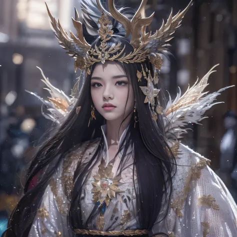 32k（tmasterpiece，k hd，hyper HD，32k）Long flowing black hair，Jewelry quarter in the back room，Brunette king girl ，Silver Dragon Protector （realisticlying：1.4），Python pattern robe，Purple-pink tiara，Snowflakes fluttering，The background is pure，Hold your head h...