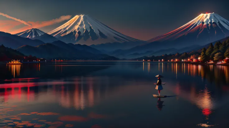 "Top-notch, serene lakeside scenery with Mount Fuji in the background. A single girl stands gracefully by the water, dressed in a vibrant summer kimono."