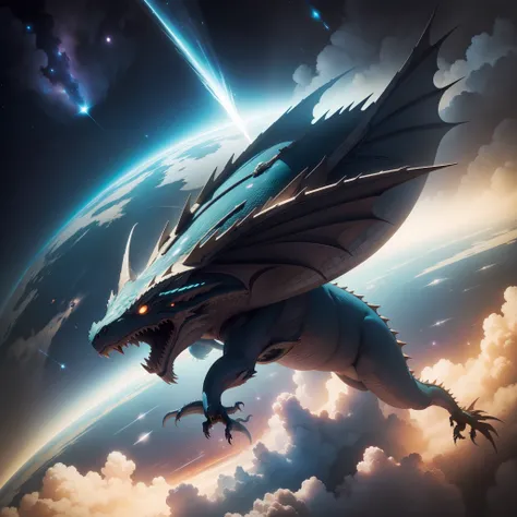 A space journey atop a giant dragon soaring through the skies.