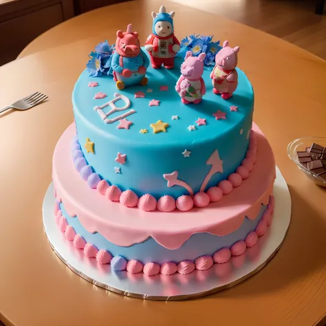 Bake a birthday cake，There are Ultraman families on it，of peppa pig，The George family，Taro filling，10 inch cake，There are stars next to it、themoon、Flowers and other chocolates，distinct、Appetizing type，single floor