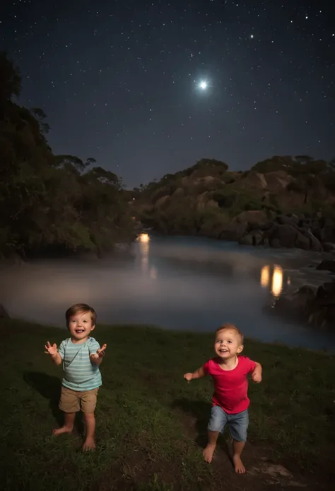 "Crie uma imagem com uma atmosfera encantadora e infantil. Na imagem, inclua dois personagens, um chamado Lucas e o outro chamado Greg, both exploring a night scene full of wonders. Add a starry sky with smiling stars, and put a friendly moon watching the ...