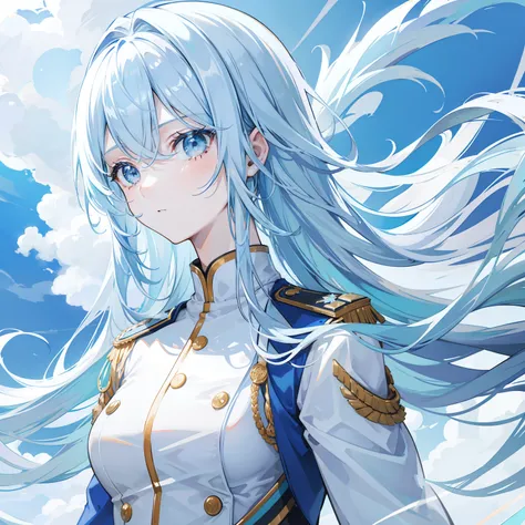 Long pale blue hair with a transparent texture，Light blue and white military uniform，A standard good-looking girl