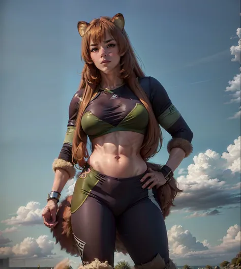 (Beautiful face:1.2), (1girl:1.2), (8K, Best Quality, Masterpiece:1.2),(Best Quality:1.0), (ultra highres:1.0), (Raphtalia:1.2), (muscled body:1.2), (Revealing clothes:1.2), (sports clothing:1.2), (Raccoon ears:1.2)