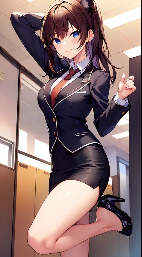 (masterpiece, best quality:1.1, screencap), 1girl, solo, smile, catgirl, fur, looking at viewer, standing, skirt suit, blazer, necktie, white undershirt, pencil skirt, bare legs, high heels, office, posing