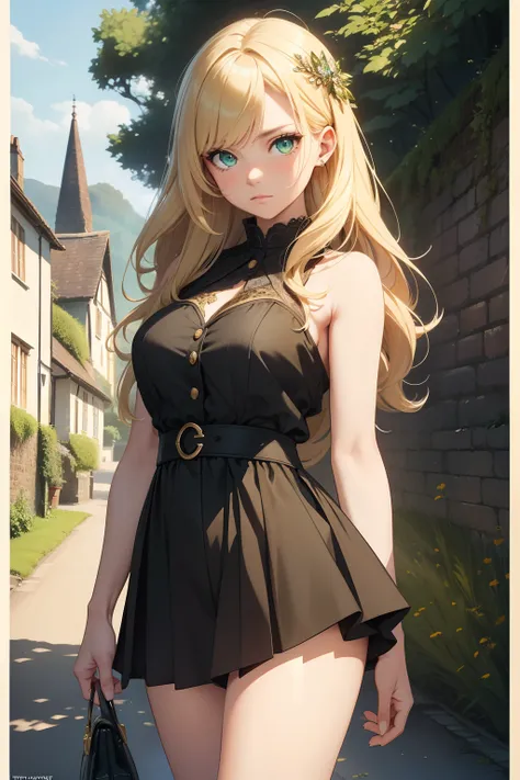 (Best quality), (masterpiece), (ultra detail), (movie poster), A cute girl, highly detailed face, determined face, green crystal eyes, blond hair, full body, in the country side village in England like Cotswold