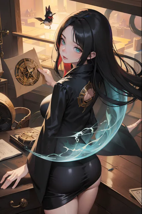 Witch with cat and fireworks in the background, black - haired mage, Seductive Anime Girl, Green eyes, flirty anime witch casting magic, ArtGerm. Anime Illustration, very detailed Artgerm, pretty sorceress, range murata and artgerm, beautiful alluring anim...