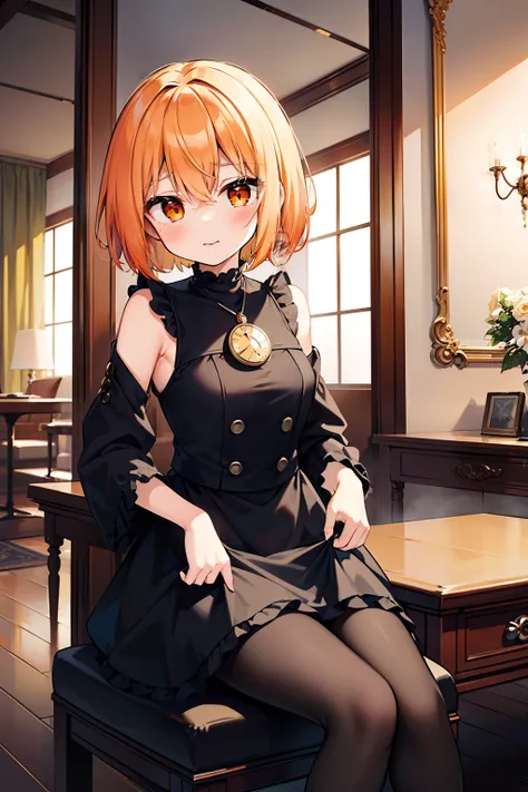 masterpiece, best quality, 1girl, solo, orange hair, short hair, shoulder-length hair, straight hair, orange eyes, round eyes, b...