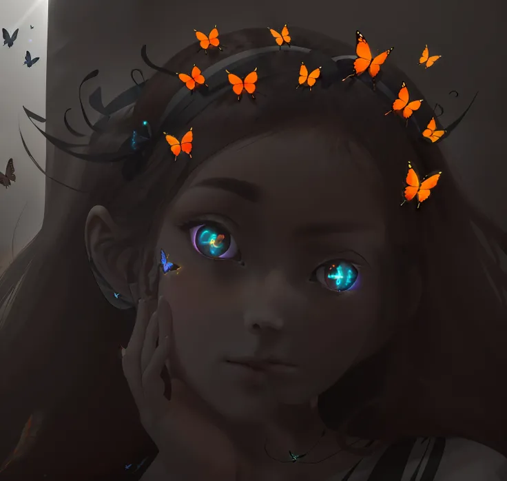 there is a woman with a butterfly headband on her head, glowing butterflies, orange halo around her head, with glowing eyes, butterflies, butterfly, butterflies in the foreground, with instagram filters, numerous dimly glowing eyes, bright multiple glowing...