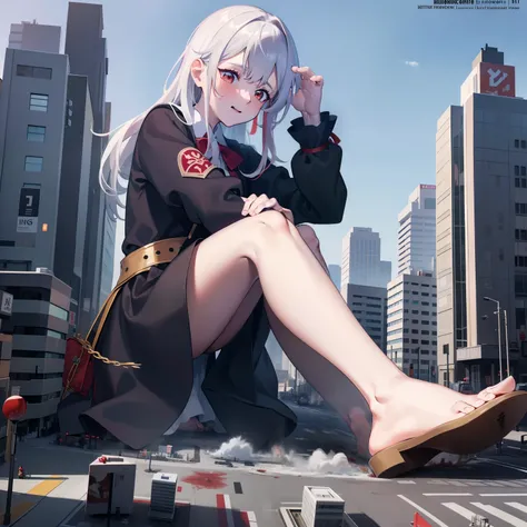 White messy hair, Red-eyed girl, Black premium coat, Red short sleeves,Barefoot （Bloodstained soles of the feet:1.8）, reference sheet, tachi-e, Wide-angle, kanon, Motion blur, Ray tracing, Award-Awarded, High details, Smooth skin, 4K, Anatomically correct,...