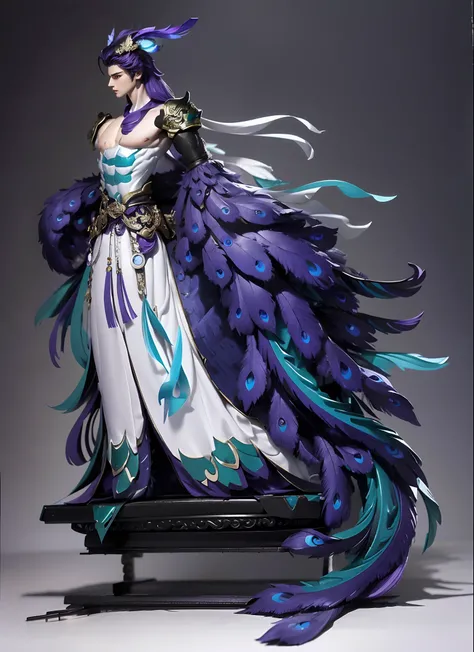 Sculpture design，Figures，GK model，The whole body of the character，（Expose the pectoralis major abs）base，sexy for，Peacock feathers，blue colors，purpleish color，green color，white colors，Handsome，Expose muscles，base，Wu Yifan，musculous，Delicate and sophisticate...