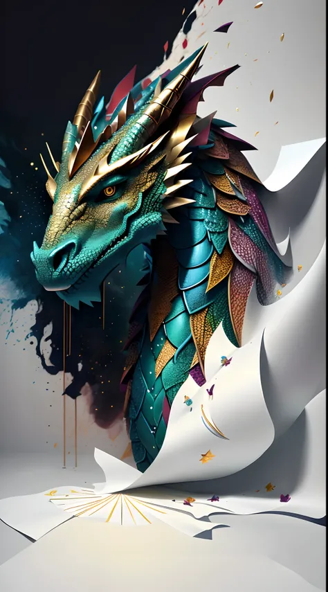 A dragon, flor, glitters dourados, papel acolchoado multidimensional, arte, Beautiful, colorido, Obras, Qualidade Superior, best quality, Arte Oficial, Beautiful and Aesthetic,((16k ultra realista))