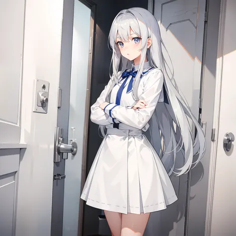 A long gray-white hair，Light bluish white eyes，Hair reaches to the waist，Wearing a white school uniform，and a light blue skirt，hand behind back，Dull look，Slightly open small mouth，Blushed slightly，Expressionless