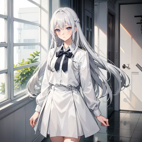 A long gray-white hair，Light bluish white eyes，Hair reaches to the waist，Wearing a white school uniform，and a light blue skirt，hand behind back，Dull look，Slightly open small mouth，Blushed slightly，Expressionless