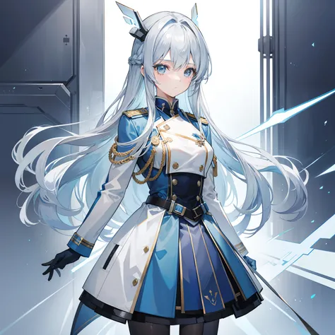 Long gray-blue hair，Transparent texture，Light blue and white military uniform，A standard good-looking girl