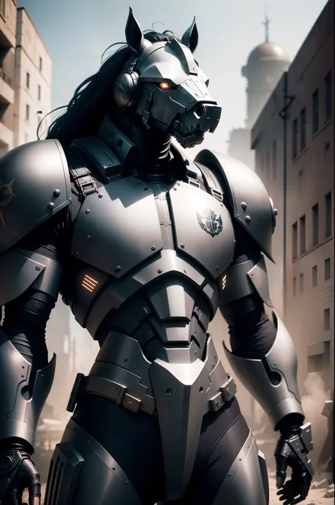 Metal warhorse，Whole body metal，Machine gun war horse，Anthropomorphic war horses，cyber punk style，（（Complicated details）），hdr，（（Complicated details，ultra - detailed）），Cinema lenses，Hyper Real。