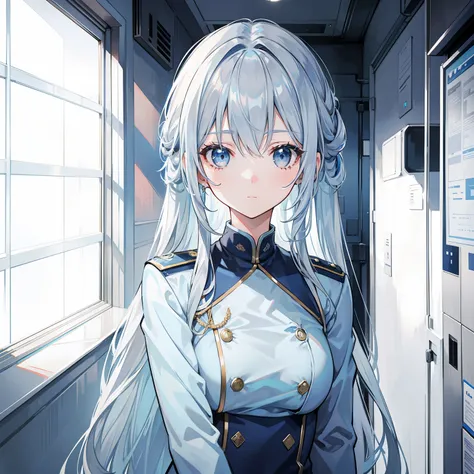 Long gray-blue hair，Transparent texture，Light blue and white military uniform，A standard good-looking girl