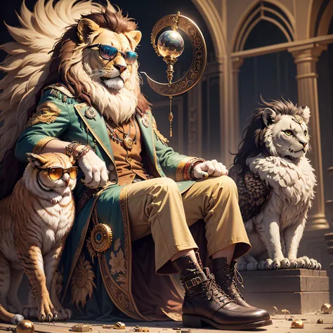 masterpiece, best quality, realistic, fashion lion, lion, glasses on the head, gears, gemstones, goggles, gold, jewelry, magic circle,male_focus, owl, pants, shoes, sunglasses, tassel, throne,