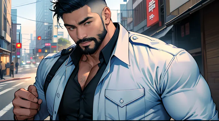 asian man, jarhead, best quality, masterpiece, super high resolution, detailed background, realistic, illustration, lens, solo, 1boy, muscle man, beard, police uniform, open shirt,, ragged pants, street, muscle, facial hair, volumetric lighting, depth of f...