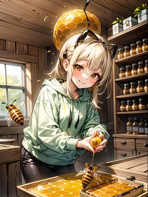 Cute small honey bees, girl,cute, ((honey color hoddie:1.2)), picking honey har,cute honey hive room,cute, cuteness, happy, smiling,bees around, happy environment, sweet,cute vibe