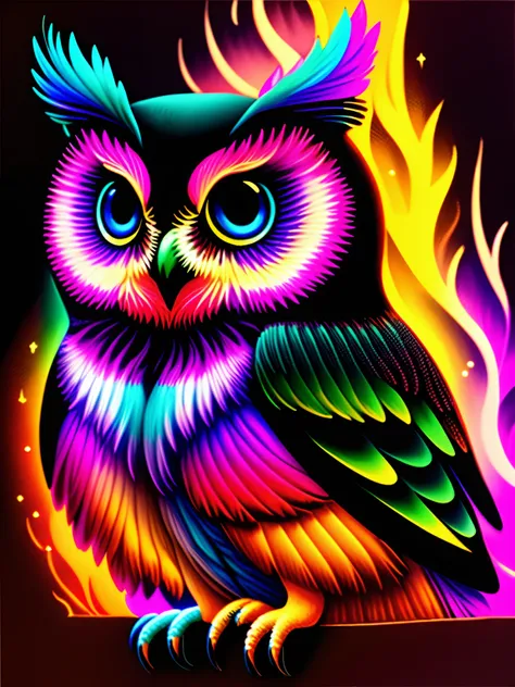 a painting of a colorful owl on a black background,, breathtaking rendering, within a radiant connection, inspired by Kinuko Y. Craft,, magical elements, kitten icon, wow, is beautiful, casting a multi colorful spell, bright flash, flash